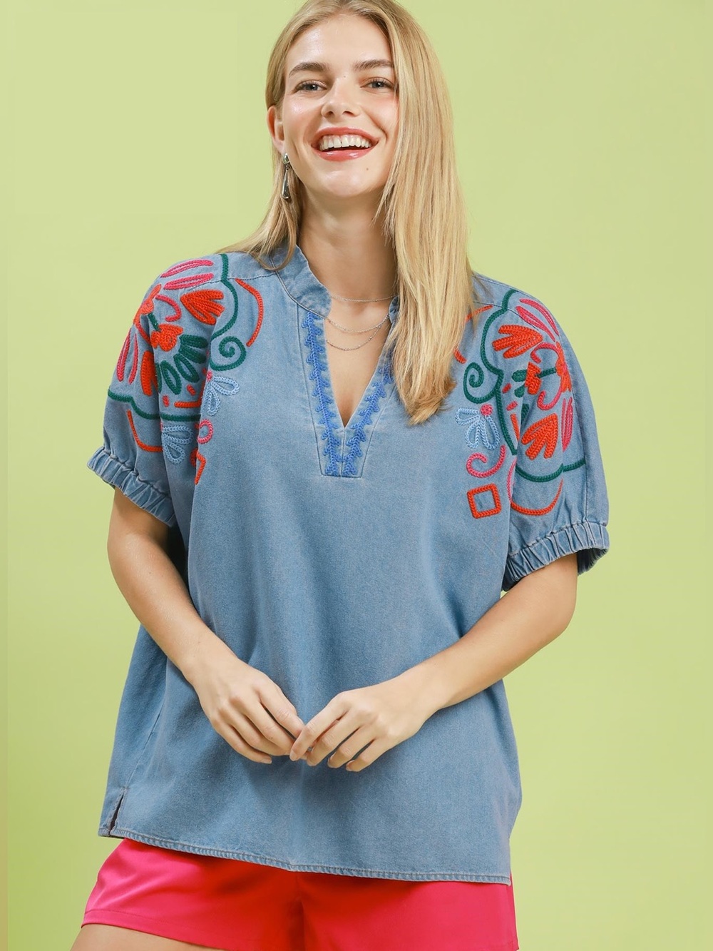 💖Umgee Embroidered Denim Puff Sleeve Oversized Top-Light Wash